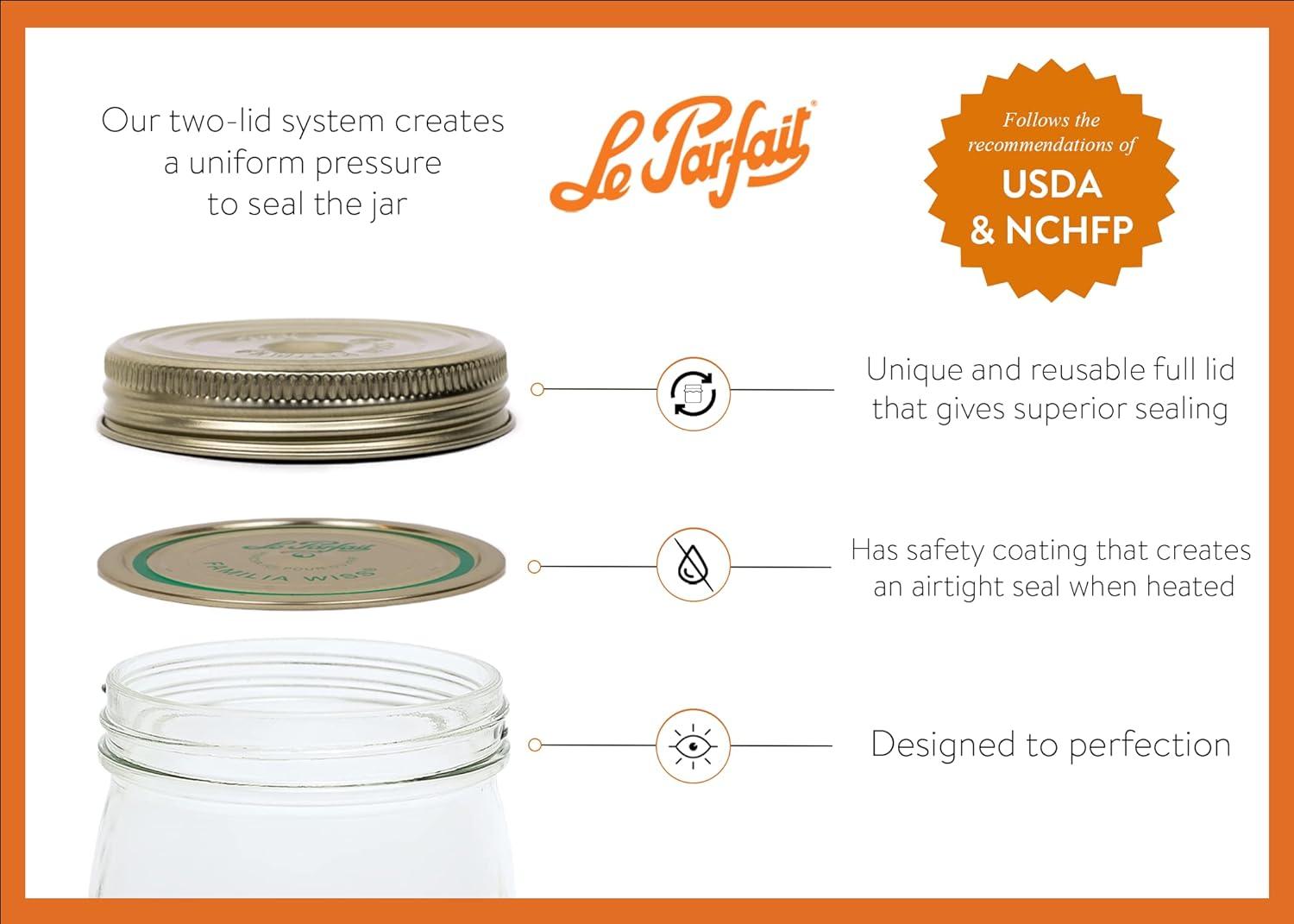 image:imageLe Parfait Familia Wiss Terrine Wide Mouth French Glass Jar wAirtight 2Piece System Gold Lids Ideal for Canning Food Storage Meal Prep Cake Jar amp DIY Crafts 16oz Pint Pack of 4 500ml24oz Set4