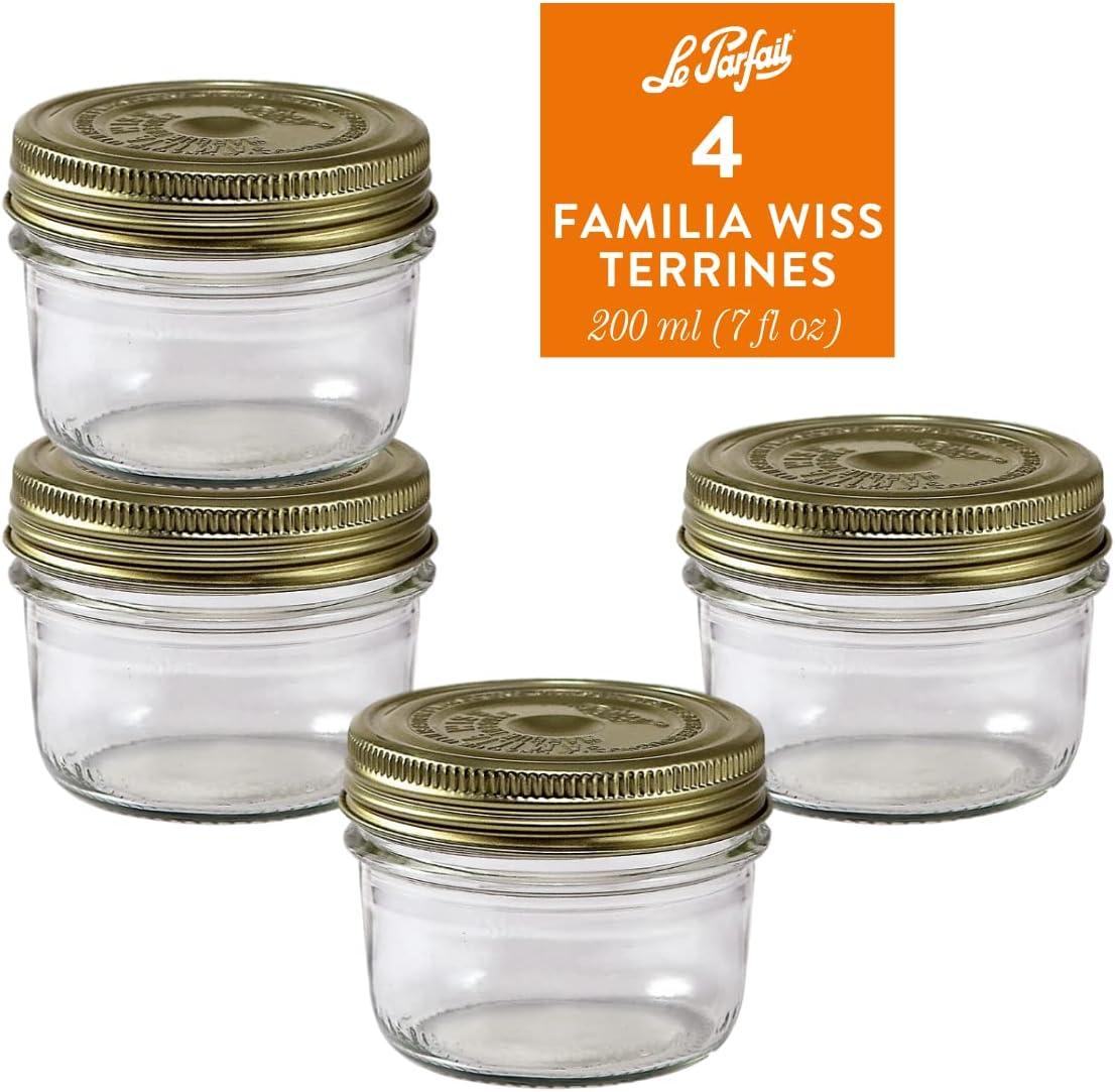 image:imageLe Parfait Familia Wiss Terrine Wide Mouth French Glass Jar wAirtight 2Piece System Gold Lids Ideal for Canning Food Storage Meal Prep Cake Jar amp DIY Crafts 7oz HalfPint Pack of 4 200ml07oz Set4