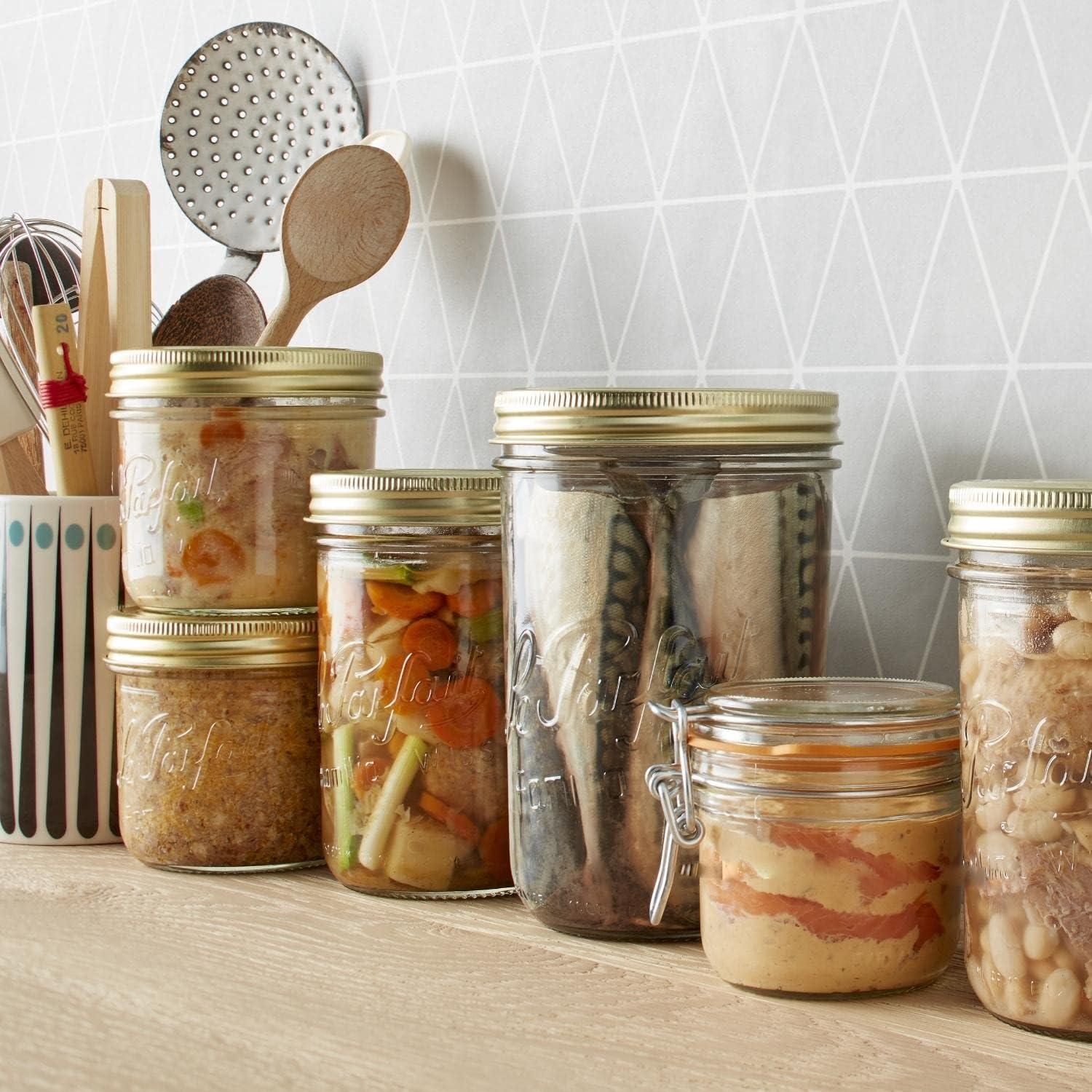 image:imageLe Parfait Familia Wiss Terrine Wide Mouth French Glass Jar wAirtight 2Piece System Gold Lids Ideal for Canning Food Storage Meal Prep Cake Jar amp DIY Crafts 7oz HalfPint Pack of 4 200ml16oz Set4