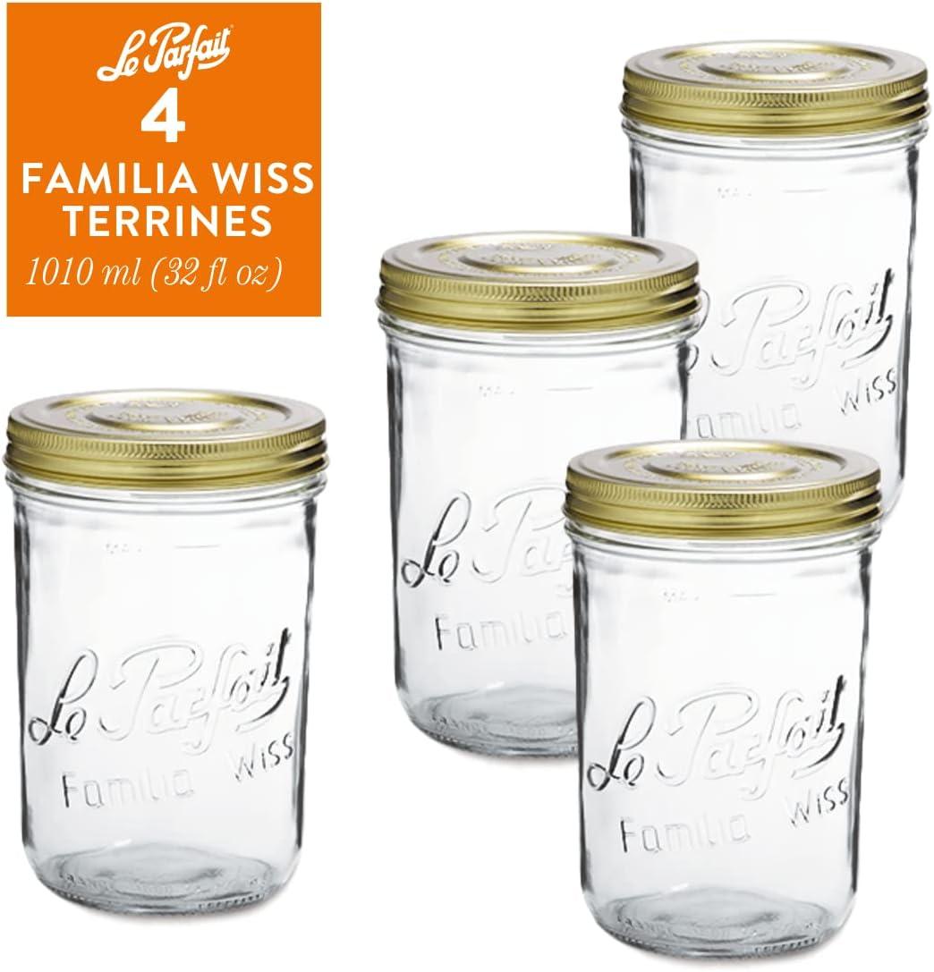 image:imageLe Parfait Familia Wiss Terrine Wide Mouth French Glass Jar wAirtight 2Piece System Gold Lids Ideal for Canning Food Storage Meal Prep Cake Jar amp DIY Crafts 16oz Pint Pack of 4 500ml33oz Set4