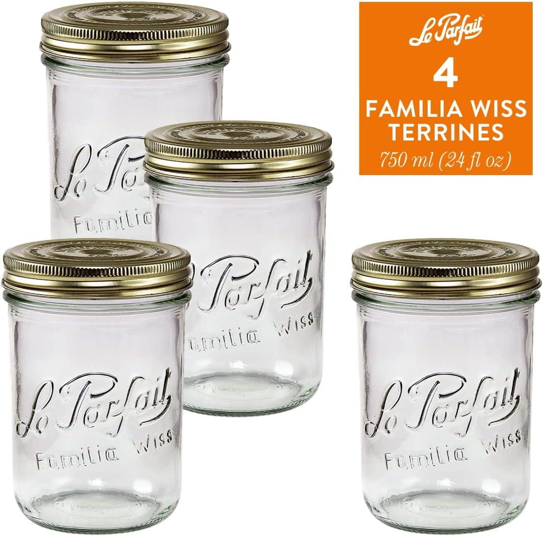 image:imageLe Parfait Familia Wiss Terrine Wide Mouth French Glass Jar wAirtight 2Piece System Gold Lids Ideal for Canning Food Storage Meal Prep Cake Jar amp DIY Crafts 16oz Pint Pack of 4 500ml24oz Set4
