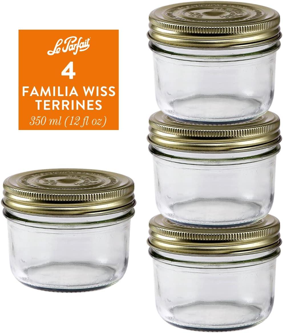 image:imageLe Parfait Familia Wiss Terrine Wide Mouth French Glass Jar wAirtight 2Piece System Gold Lids Ideal for Canning Food Storage Meal Prep Cake Jar amp DIY Crafts 7oz HalfPint Pack of 4 200ml12oz Set4