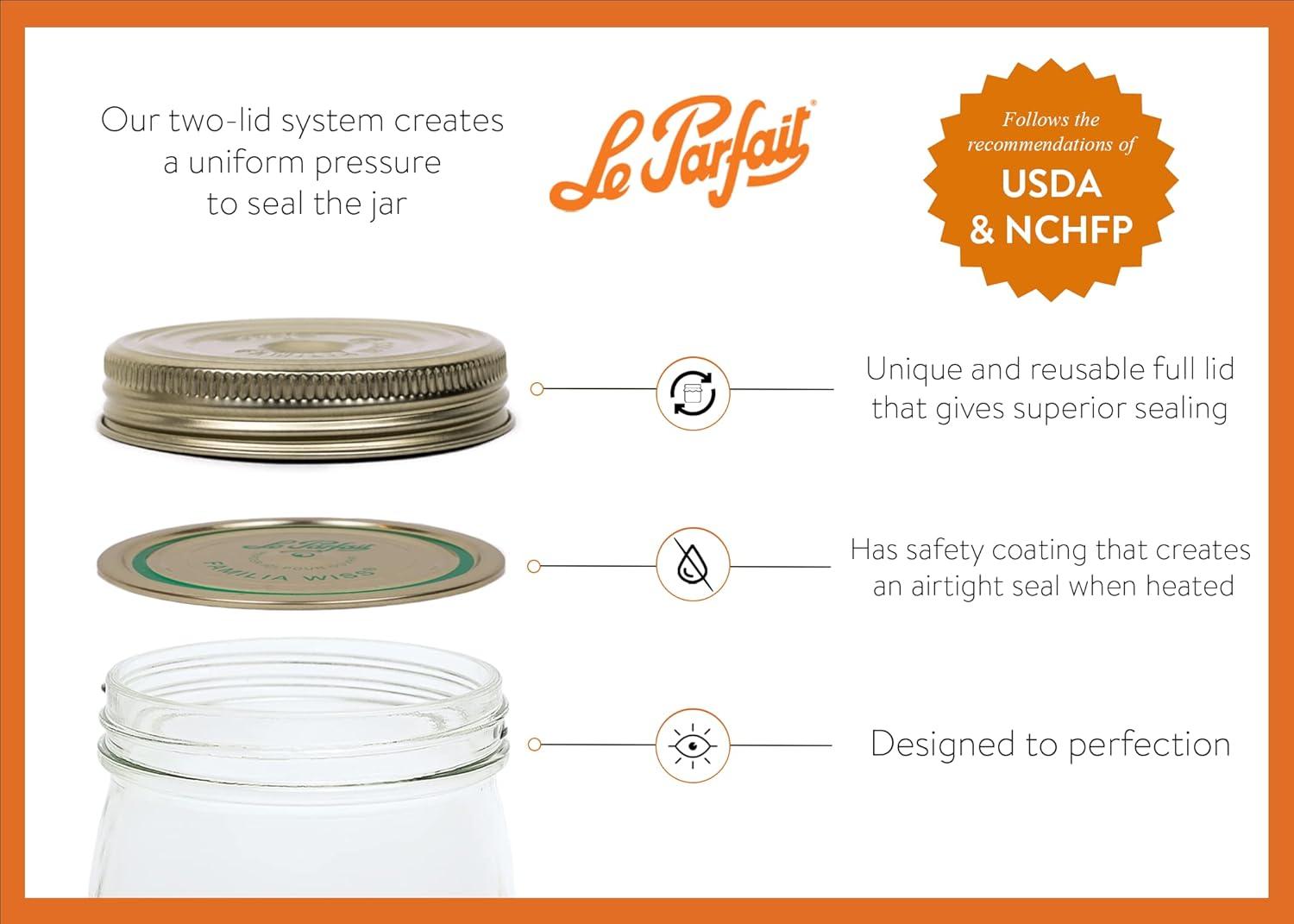 image:imageLe Parfait Familia Wiss Terrine Wide Mouth French Glass Jar wAirtight 2Piece System Gold Lids Ideal for Canning Food Storage Meal Prep Cake Jar amp DIY Crafts 16oz Pint Pack of 4 500ml33oz Set4