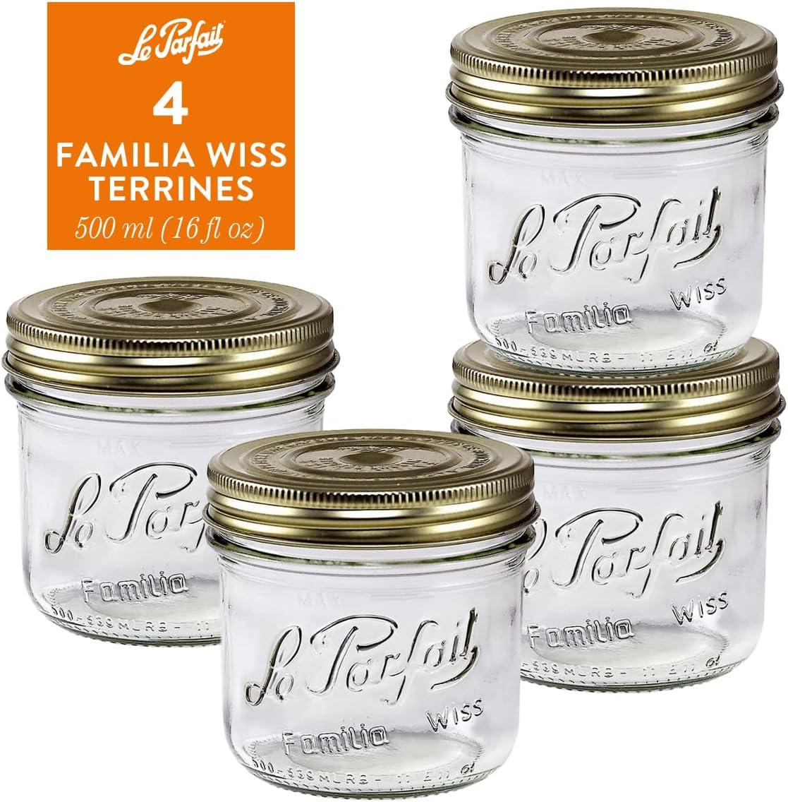 image:imageLe Parfait Familia Wiss Terrine Wide Mouth French Glass Jar wAirtight 2Piece System Gold Lids Ideal for Canning Food Storage Meal Prep Cake Jar amp DIY Crafts 16oz Pint Pack of 4 500ml16oz Set4