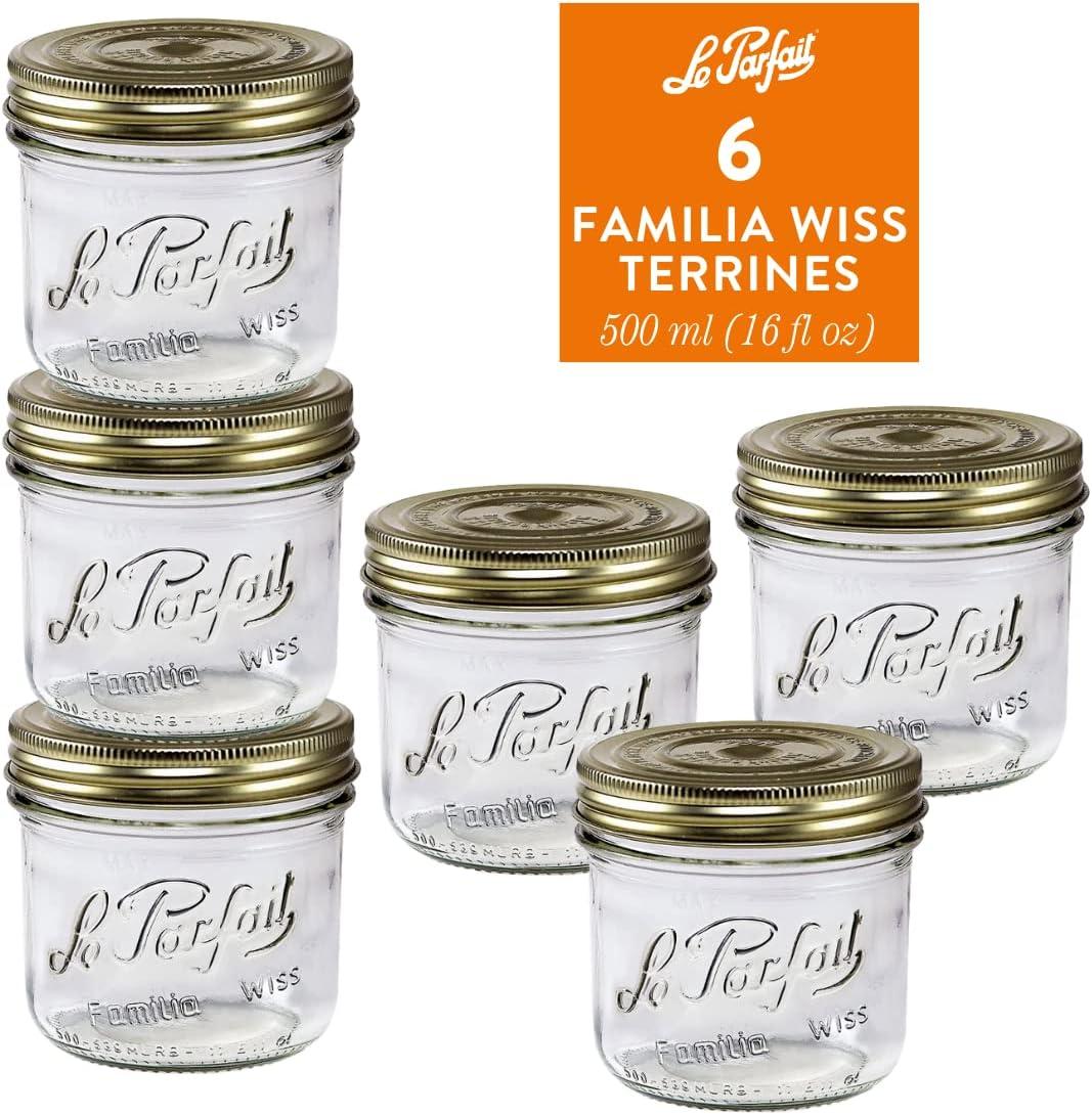 image:imageLe Parfait Familia Wiss Terrine Wide Mouth French Glass Jar wAirtight 2Piece System Gold Lids Ideal for Food Storage Canning Meal Prep Cake Jar amp DIY Crafts 24oz PintHalf Pack of 6 750ml16oz Set6