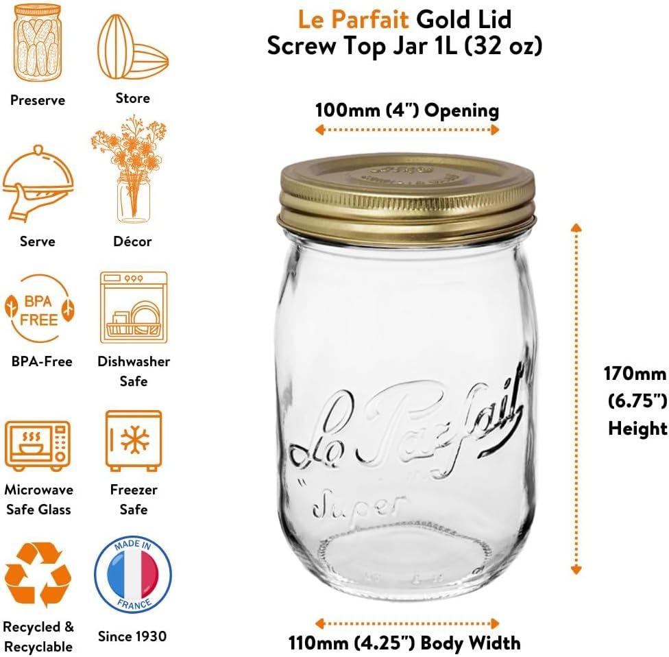 image:imageLe Parfait Screw Top Jar Wide Mouth French Glass Jar Ideal for Food and Soup Storage Canning Flour Brown Sugar and other Baking Supplies 1L32oz Pack of 4 Orange1LGold Single