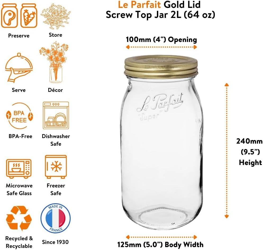 image:imageLe Parfait Screw Top Jar Wide Mouth French Glass Jar Ideal for Food and Soup Storage Canning Flour Brown Sugar and other Baking Supplies 2L64oz Pack of 3 Gold2LGold Set3