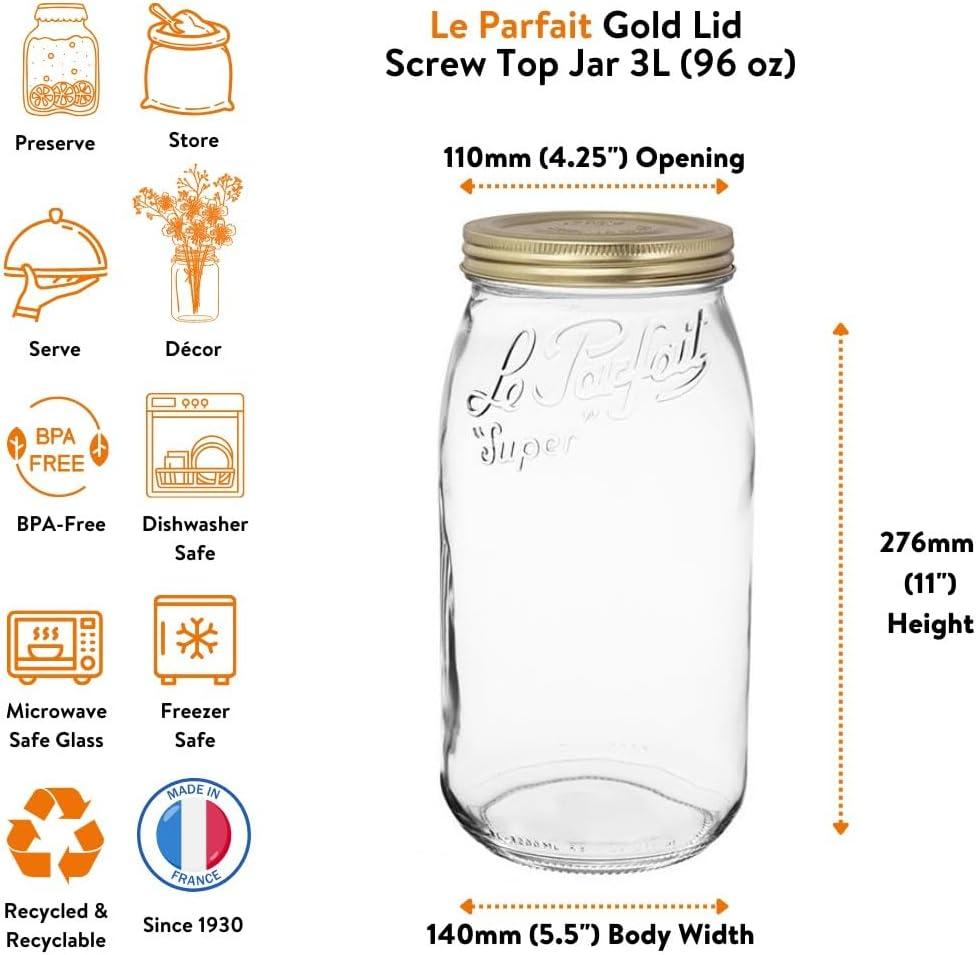 image:imageLe Parfait Screw Top Jar Wide Mouth French Glass Jar Ideal for Food and Soup Storage Canning Flour Brown Sugar and other Baking Supplies 3L96oz Single Gold3LGold Set3