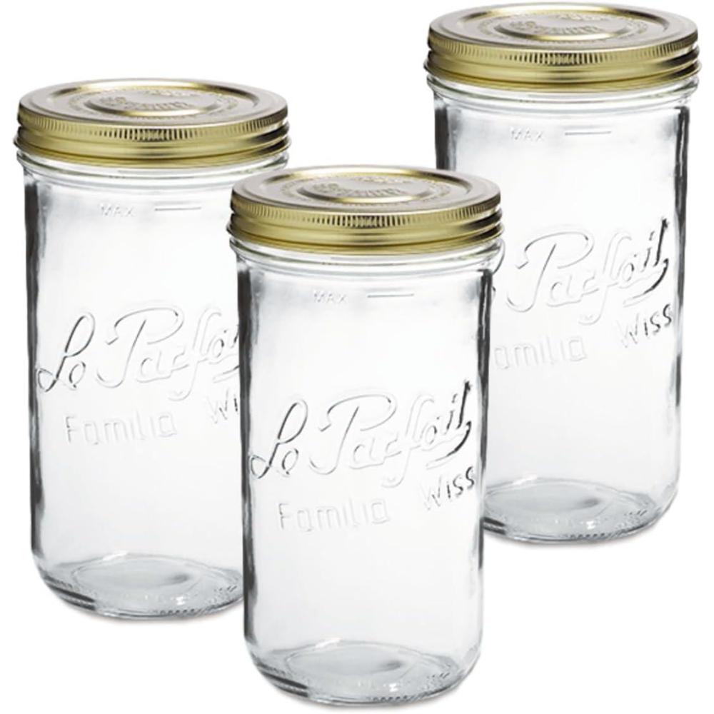image:imageLe Parfait Familia Wiss Terrine Wide Mouth French Glass Jar wAirtight 2Piece System Gold Lids Ideal for Canning Food Storage Meal Prep Cake Jar amp DIY Crafts 16oz Pint Pack of 4 500ml48oz Set3