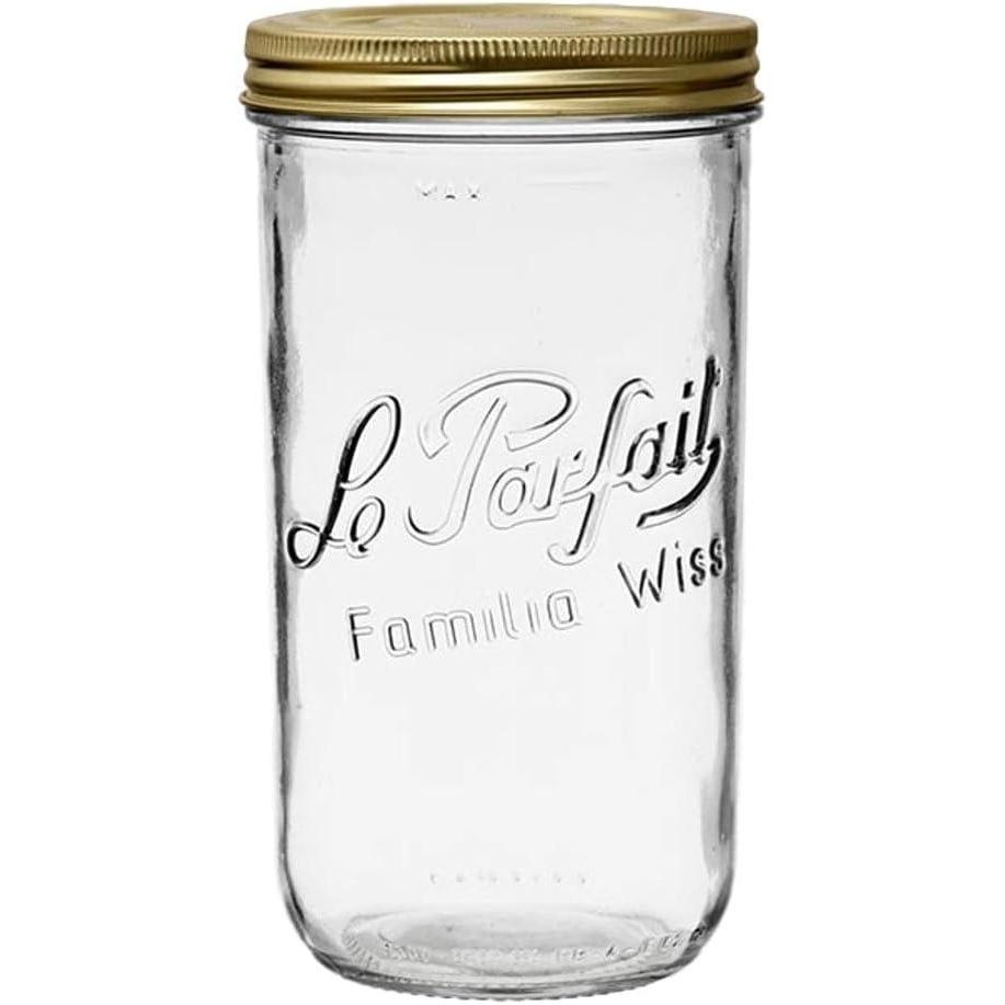 image:imageLe Parfait Familia Wiss Terrine Wide Mouth French Glass Jar wAirtight 2Piece System Gold Lids Ideal for Canning Food Storage Meal Prep Cake Jar amp DIY Crafts 7oz HalfPint Pack of 4 200ml48oz Single