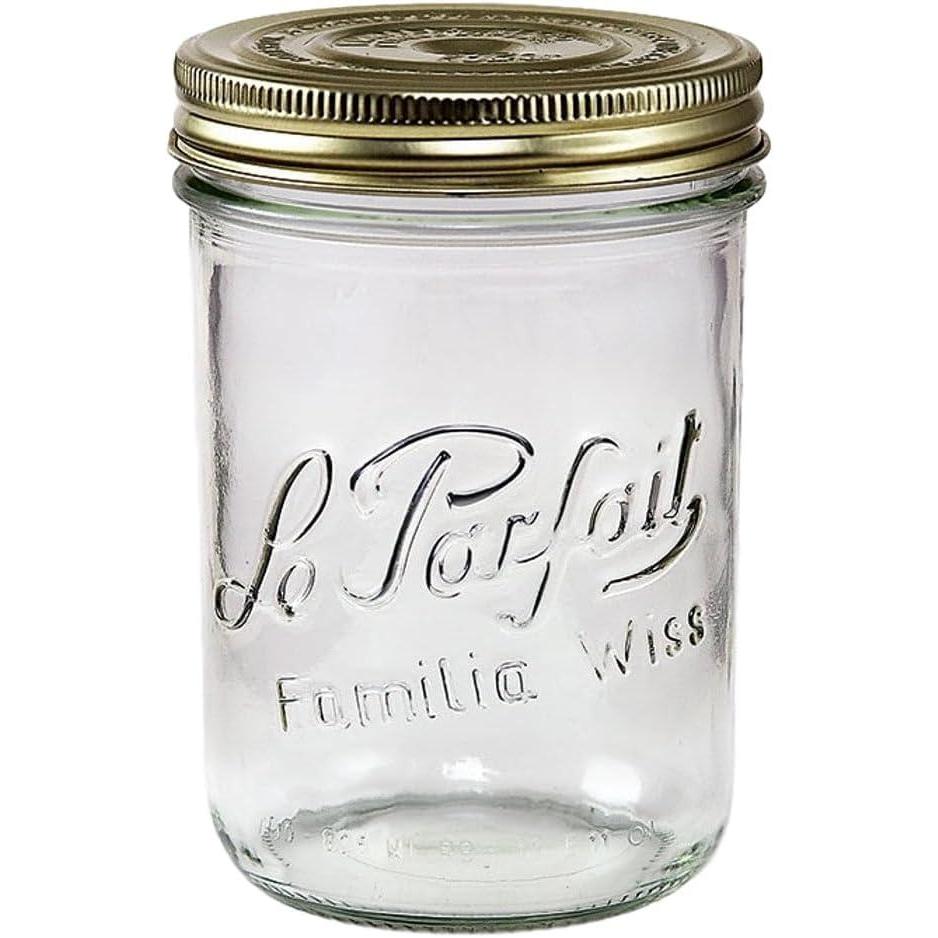 image:imageLe Parfait Familia Wiss Terrine Wide Mouth French Glass Jar wAirtight 2Piece System Gold Lids Ideal for Canning Food Storage Meal Prep Cake Jar amp DIY Crafts 16oz Pint Pack of 4 500ml24oz Single