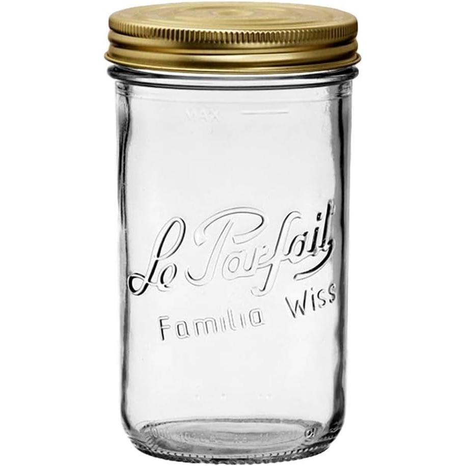 image:imageLe Parfait Familia Wiss Terrine Wide Mouth French Glass Jar wAirtight 2Piece System Gold Lids Ideal for Canning Food Storage Meal Prep Cake Jar amp DIY Crafts 7oz HalfPint Pack of 4 200ml32oz Single