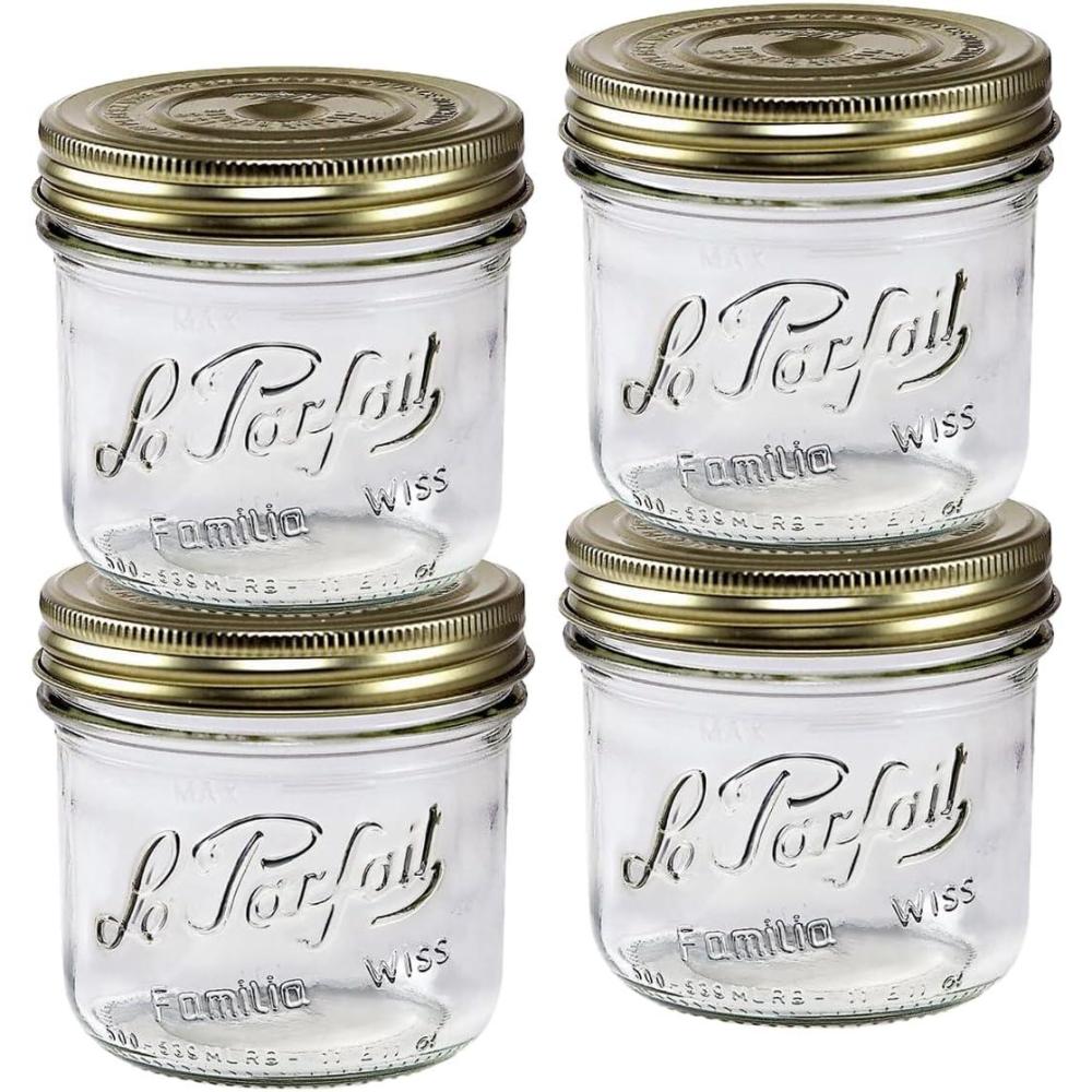 image:imageLe Parfait Familia Wiss Terrine Wide Mouth French Glass Jar wAirtight 2Piece System Gold Lids Ideal for Canning Food Storage Meal Prep Cake Jar amp DIY Crafts 7oz HalfPint Pack of 4 200ml16oz Set4