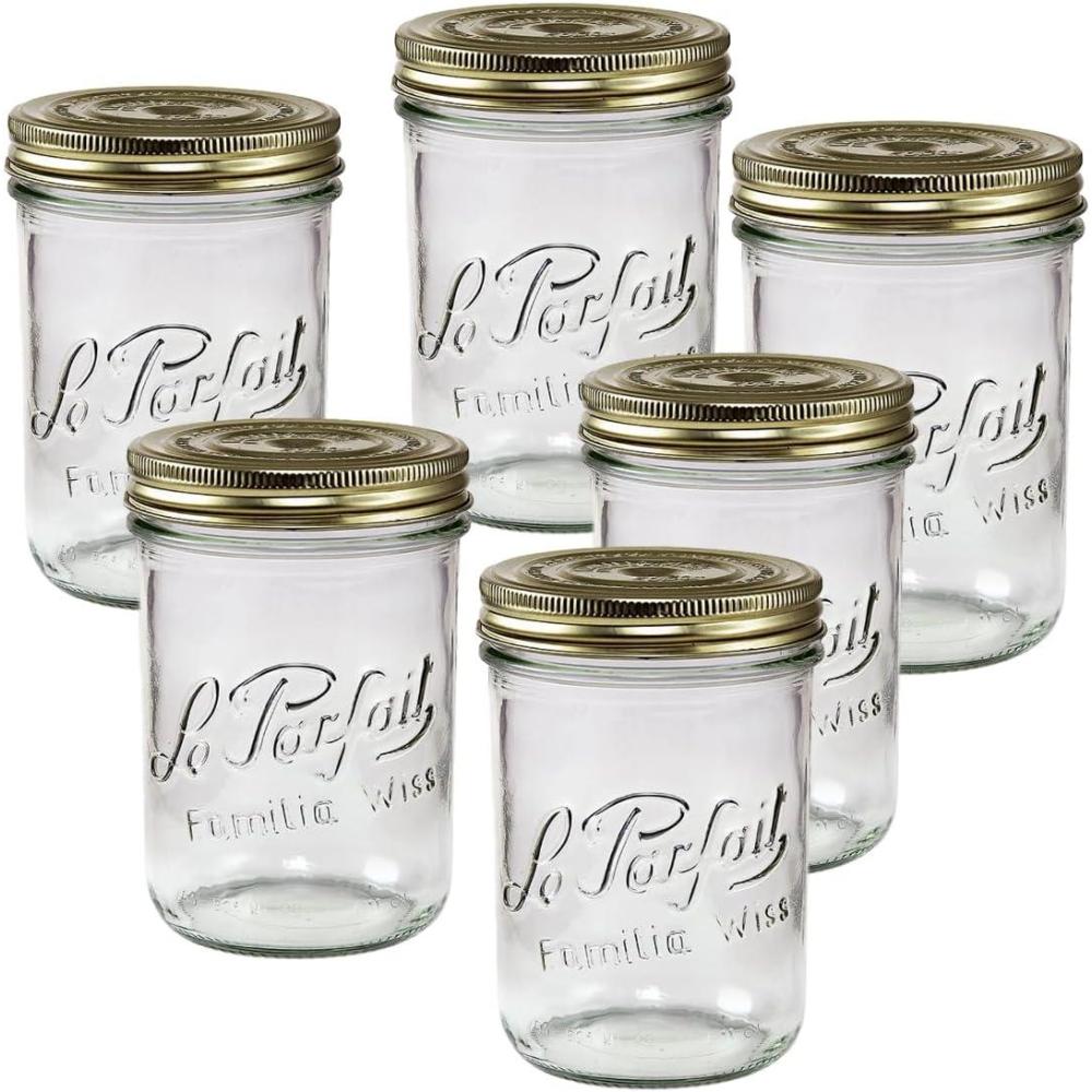image:imageLe Parfait Familia Wiss Terrine Wide Mouth French Glass Jar wAirtight 2Piece System Gold Lids Ideal for Food Storage Canning Meal Prep Cake Jar amp DIY Crafts 24oz PintHalf Pack of 6 750ml24oz Set6