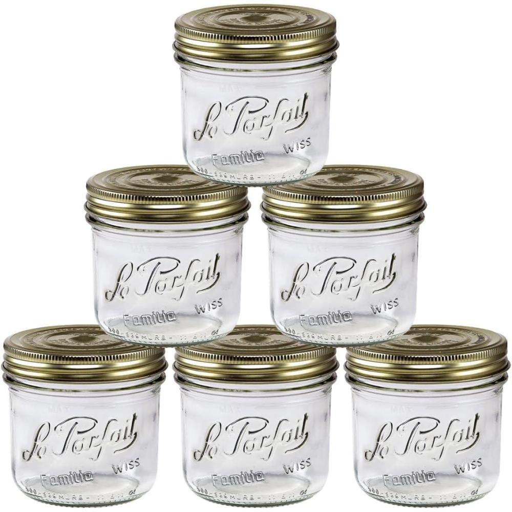 image:imageLe Parfait Familia Wiss Terrine Wide Mouth French Glass Jar wAirtight 2Piece System Gold Lids Ideal for Food Storage Canning Meal Prep Cake Jar amp DIY Crafts 24oz PintHalf Pack of 6 750ml16oz Set6