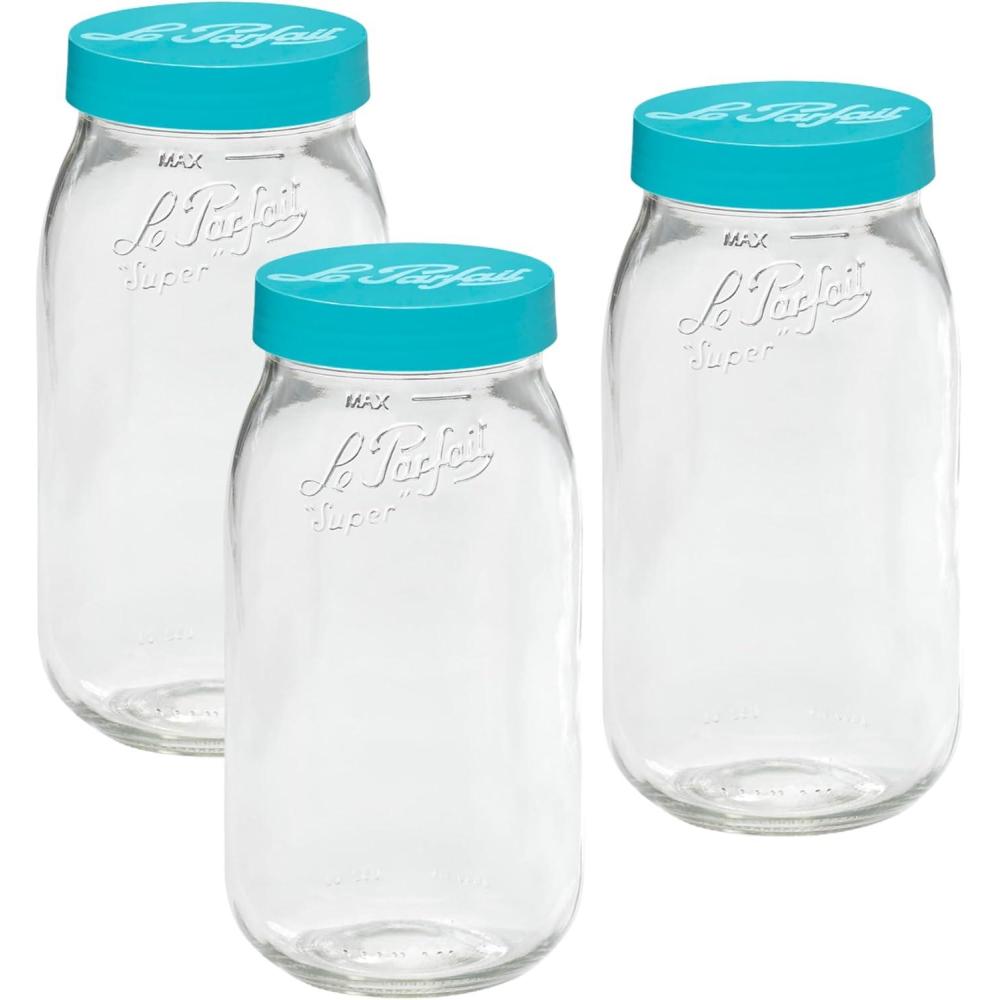 image:imageLe Parfait Screw Top Jar Wide Mouth French Glass Jar Ideal for Food and Soup Storage Canning Flour Brown Sugar and other Baking Supplies 2L64oz Pack of 3 Gold2LTeal Set3