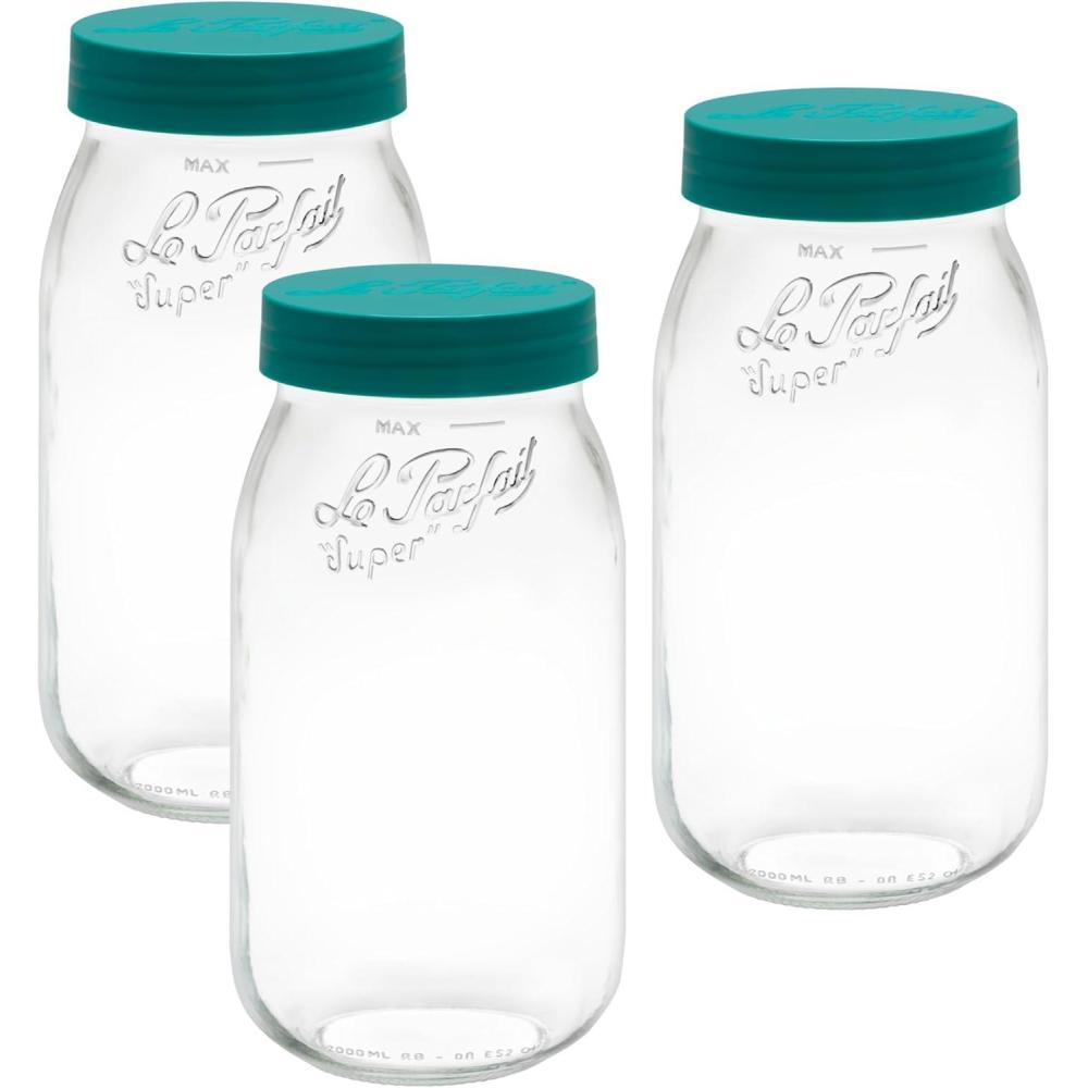 image:imageLe Parfait Screw Top Jar Wide Mouth French Glass Jar Ideal for Food and Soup Storage Canning Flour Brown Sugar and other Baking Supplies 2L64oz Pack of 3 Gold2LPine Set3