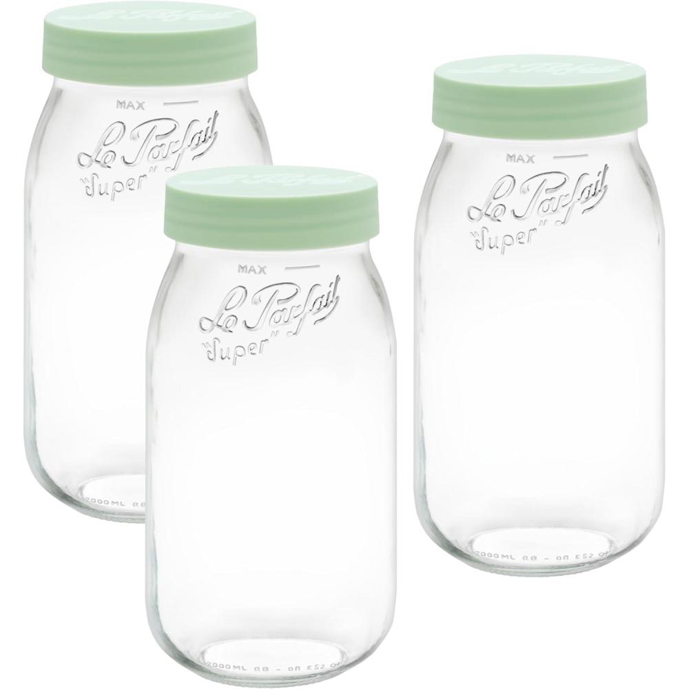 image:imageLe Parfait Screw Top Jar Wide Mouth French Glass Jar Ideal for Food and Soup Storage Canning Flour Brown Sugar and other Baking Supplies 2L64oz Pack of 3 Gold2LMint Set3