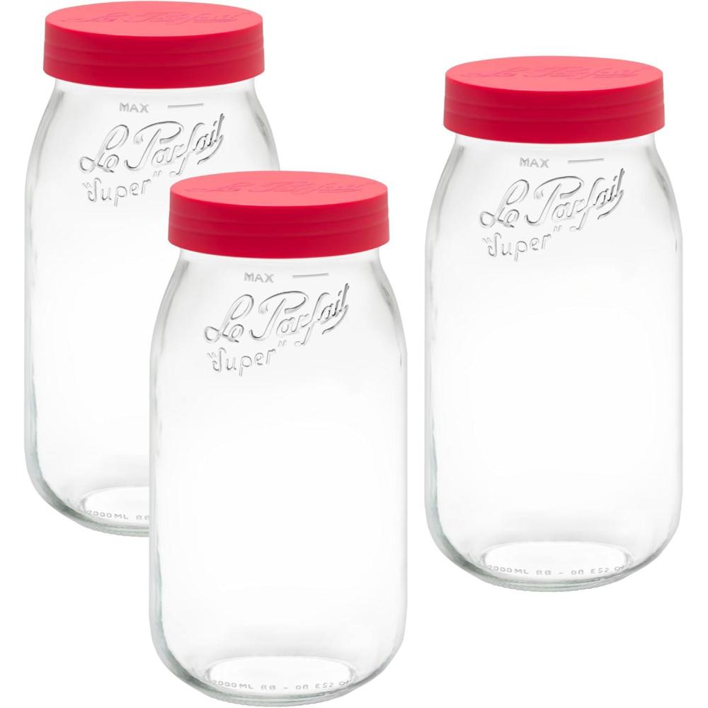 image:imageLe Parfait Screw Top Jar Wide Mouth French Glass Jar Ideal for Food and Soup Storage Canning Flour Brown Sugar and other Baking Supplies 2L64oz Pack of 3 Gold2LRaspberry Set3
