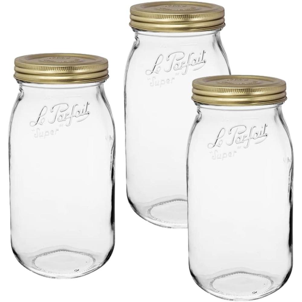 image:imageLe Parfait Screw Top Jar Wide Mouth French Glass Jar Ideal for Food and Soup Storage Canning Flour Brown Sugar and other Baking Supplies 2L64oz Pack of 3 Gold2LGold Set3