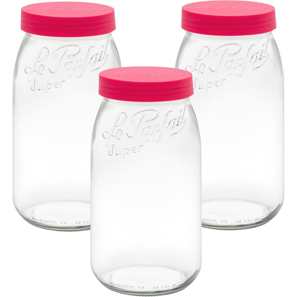 image:imageLe Parfait Screw Top Jar Wide Mouth French Glass Jar  Ideal for Food and Soup Storage Canning Flour Brown Sugar and other Baking Supplies 3L96oz Single Gold3LRaspberry Set3