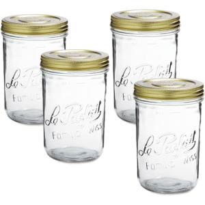 Le Parfait Familia Wiss Terrine Wide Mouth French Glass Jar w/Airtight 2-Piece System Gold Lids | Ideal for Canning, Food Storage, Meal Prep, Cake Jar & DIY Crafts | 7oz Half/Pint (Pack of 4) 200ml(33oz (Set/4))