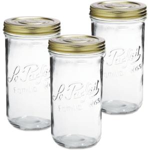 Le Parfait Familia Wiss Terrine Wide Mouth French Glass Jar w/Airtight 2-Piece System Gold Lids | Ideal for Canning, Food Storage, Meal Prep, Cake Jar & DIY Crafts | 7oz Half/Pint (Pack of 4) 200ml(48oz (Set/3))