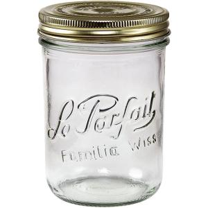 Le Parfait Familia Wiss Terrine Wide Mouth French Glass Jar w/Airtight 2-Piece System Gold Lids | Ideal for Canning, Food Storage, Meal Prep, Cake Jar & DIY Crafts | 16oz Pint (Pack of 4) 500ml(24oz (Single))