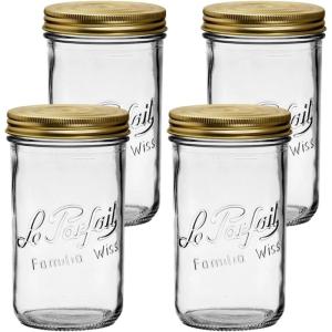 Le Parfait Familia Wiss Terrine Wide Mouth French Glass Jar w/Airtight 2-Piece System Gold Lids | Ideal for Canning, Food Storage, Meal Prep, Cake Jar & DIY Crafts | 16oz Pint (Pack of 4) 500ml(32oz (Set/4))