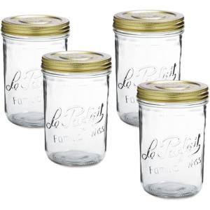 Le Parfait Familia Wiss Terrine Wide Mouth French Glass Jar w/Airtight 2-Piece System Gold Lids | Ideal for Canning, Food Storage, Meal Prep, Cake Jar & DIY Crafts | 16oz Pint (Pack of 4) 500ml(1Ld110 (Set/4))