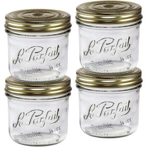 Le Parfait Familia Wiss Terrine Wide Mouth French Glass Jar w/Airtight 2-Piece System Gold Lids | Ideal for Canning, Food Storage, Meal Prep, Cake Jar & DIY Crafts | 16oz Pint (Pack of 4) 500ml(16oz (Set/4))