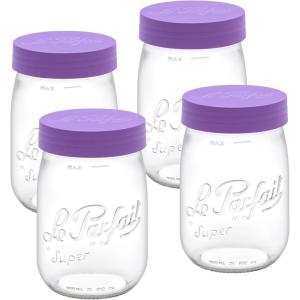 Le Parfait Screw Top Jar Wide Mouth French Glass Jar | Ideal for Food and Soup Storage, Canning, Flour, Brown Sugar, and other Baking Supplies (1L/32oz, Pack of 4, Orange)(1L-Violet (Set/4))