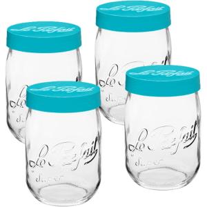 Le Parfait Screw Top Jar Wide Mouth French Glass Jar | Ideal for Food and Soup Storage, Canning, Flour, Brown Sugar, and other Baking Supplies (1L/32oz, Pack of 4, Orange)(1L-Teal (Set/4))