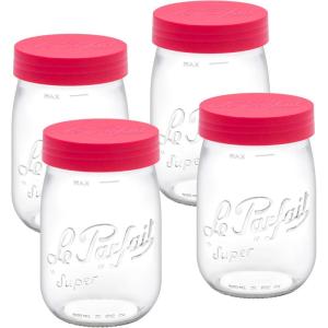 Le Parfait Screw Top Jar Wide Mouth French Glass Jar | Ideal for Food and Soup Storage, Canning, Flour, Brown Sugar, and other Baking Supplies (1L/32oz, Pack of 4, Orange)(1L-Raspberry (Set/4))