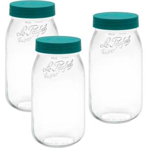 Le Parfait Screw Top Jar Wide Mouth French Glass Jar | Ideal for Food and Soup Storage, Canning, Flour, Brown Sugar, and other Baking Supplies (2L/64oz, Pack of 3, Gold)(2L-Pine (Set/3))