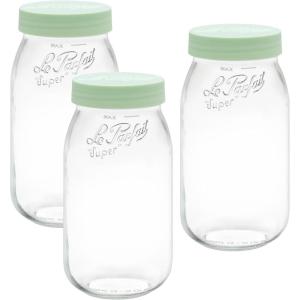 Le Parfait Screw Top Jar Wide Mouth French Glass Jar | Ideal for Food and Soup Storage, Canning, Flour, Brown Sugar, and other Baking Supplies (2L/64oz, Pack of 3, Gold)(2L-Mint (Set/3))