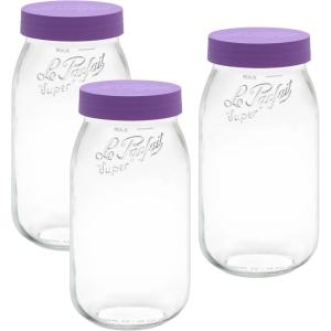 Le Parfait Screw Top Jar Wide Mouth French Glass Jar | Ideal for Food and Soup Storage, Canning, Flour, Brown Sugar, and other Baking Supplies (2L/64oz, Pack of 3, Gold)(2L-Violet (Set/3))