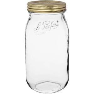 Le Parfait Screw Top Jar Wide Mouth French Glass Jar | Ideal for Food and Soup Storage, Canning, Flour, Brown Sugar, and other Baking Supplies (2L/64oz, Pack of 3, Gold)(2L-Gold (Single))