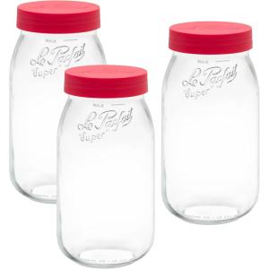 Le Parfait Screw Top Jar Wide Mouth French Glass Jar | Ideal for Food and Soup Storage, Canning, Flour, Brown Sugar, and other Baking Supplies (2L/64oz, Pack of 3, Gold)(2L-Raspberry (Set/3))