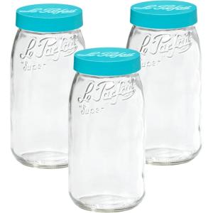 Le Parfait Screw Top Jar Wide Mouth French Glass Jar | Ideal for Food and Soup Storage, Canning, Flour, Brown Sugar, and other Baking Supplies (3L/96oz, Single, Gold)(3L-Teal (Set/3))