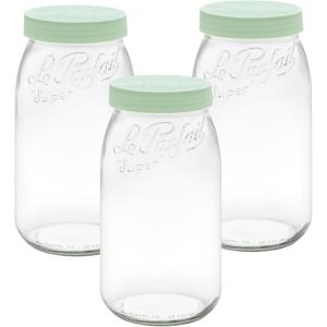 Le Parfait Screw Top Jar Wide Mouth French Glass Jar | Ideal for Food and Soup Storage, Canning, Flour, Brown Sugar, and other Baking Supplies (3L/96oz, Single, Gold)(3L-Mint (Set/3))