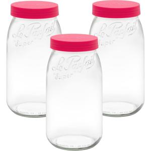 Le Parfait Screw Top Jar Wide Mouth French Glass Jar | Ideal for Food and Soup Storage, Canning, Flour, Brown Sugar, and other Baking Supplies (3L/96oz, Single, Gold)(3L-Raspberry (Set/3))