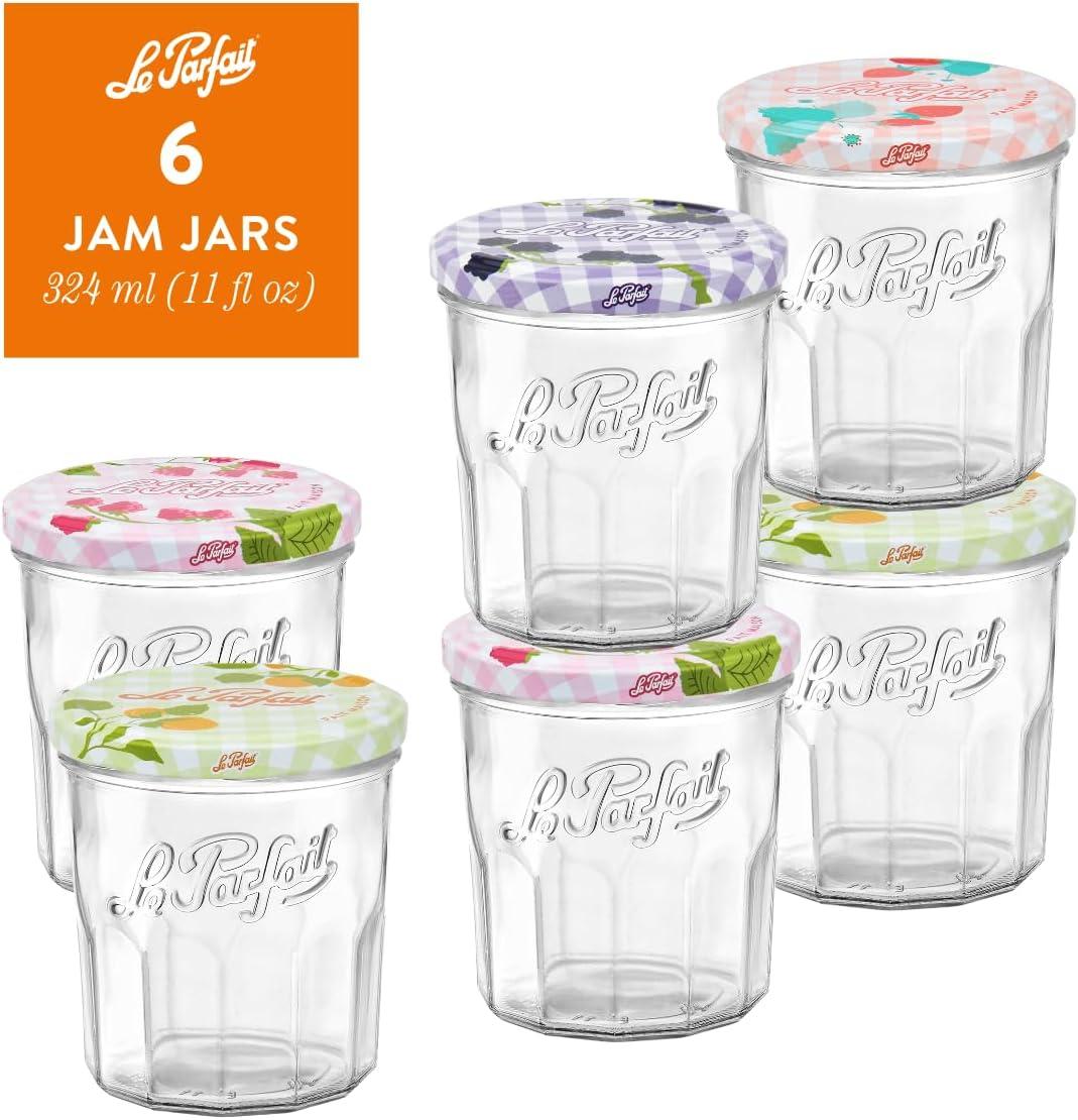 image:imageLe Parfait Jam Jars Clear Canning Jars wColorful Airtight Metal Lids Sturdy French Faceted NonSlip Glass Body Works for Jam Jelly Storage Snacks Picnic DIY 11oz Pack of 6 324ml11oz Set6 Jar