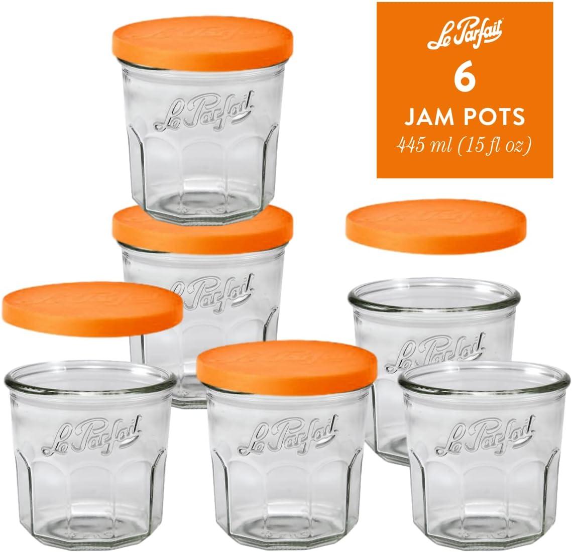 image:imageLe Parfait Jam Pots Clear Jars with Orange Snap Lids Sturdy French Faceted NonSlip Glass Body Works as Drinking Glass Cup for Iced Tea or Coffee amp Spice Storage 15oz Pack of 6 445ml