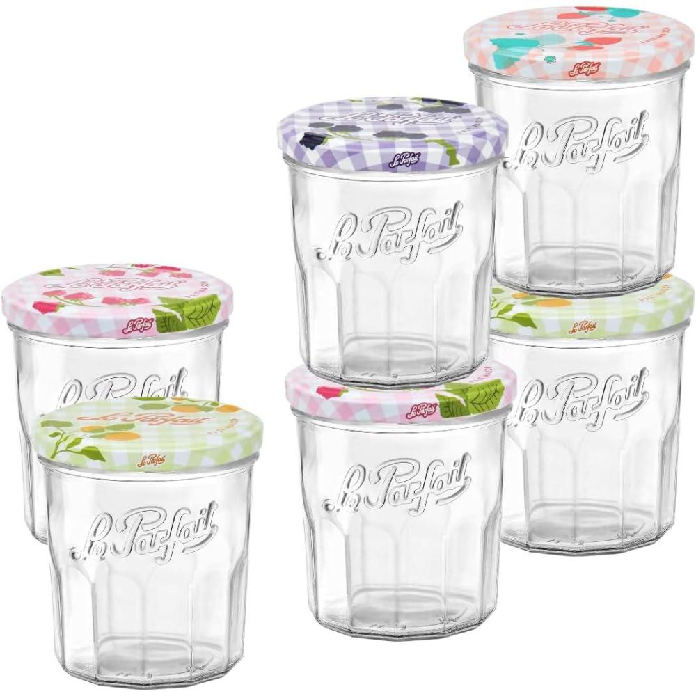 image:imageLe Parfait Jam Jars Clear Canning Jars wColorful Airtight Metal Lids Sturdy French Faceted NonSlip Glass Body Works for Jam Jelly Storage Snacks Picnic DIY 11oz Pack of 6 324ml11oz Set6 Jar