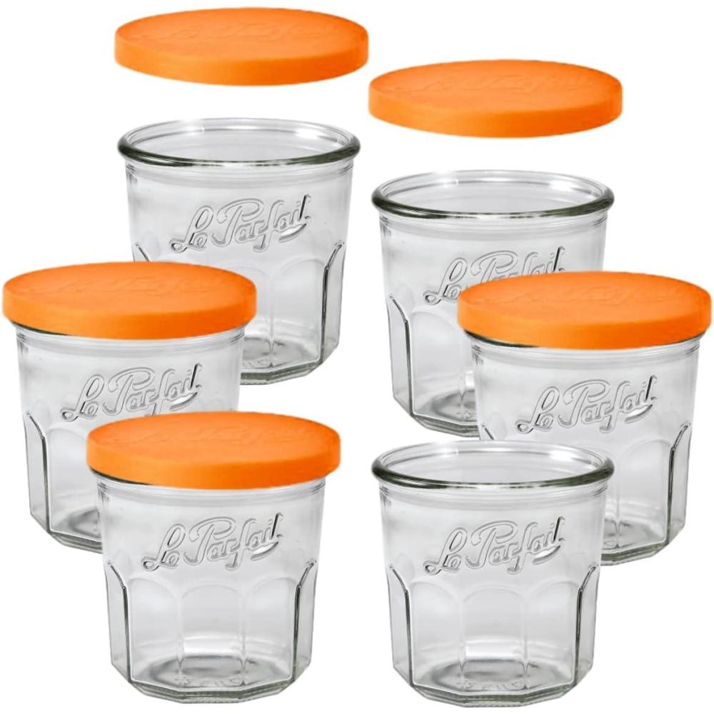 image:imageLe Parfait Jam Pots Clear Jars with Orange Snap Lids  Sturdy French Faceted NonSlip Glass Body  Works as Drinking Glass Cup for Iced Tea or Coffee amp Spice Storage  15oz Pack of 6 445ml