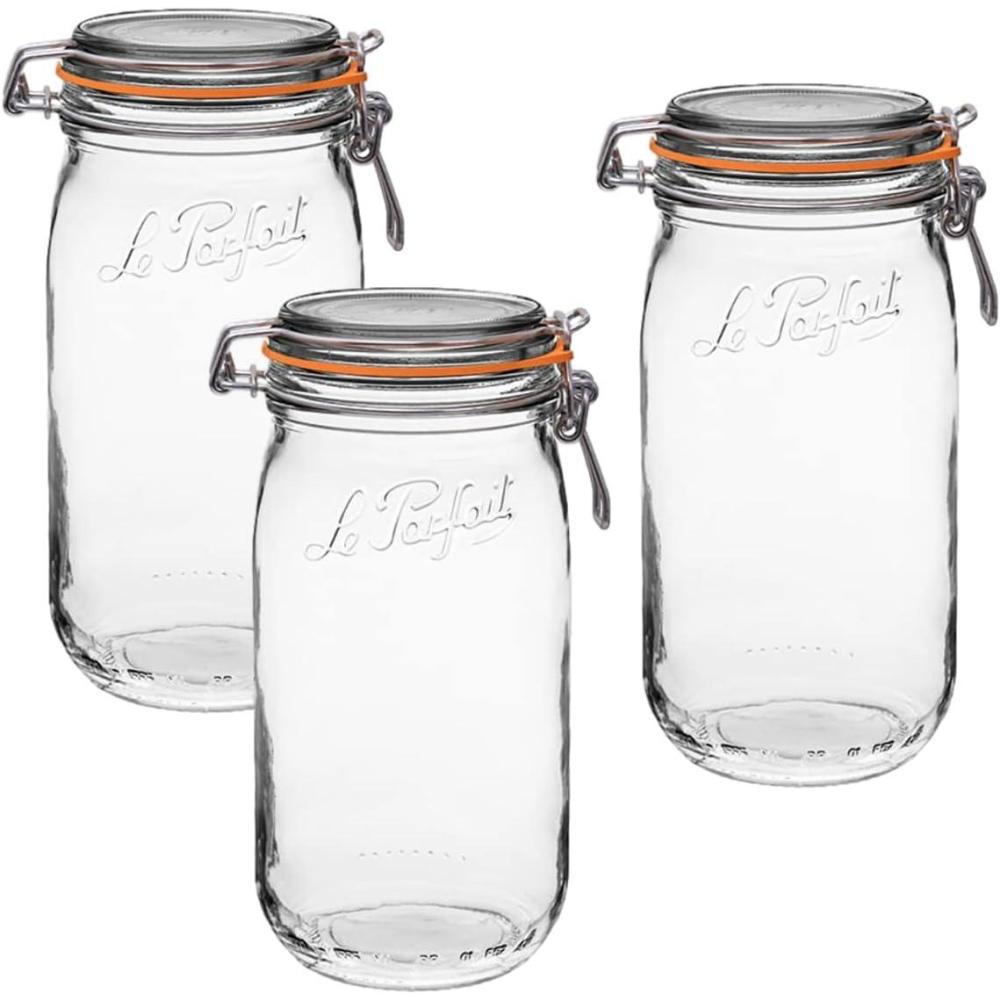 image:imageLe Parfait Super Jar 15L French Glass Canning Jars wRound Body Wide Mouth Airtight Lid Clear Glass 48ozQuart amp Half 3pk48oz Set3