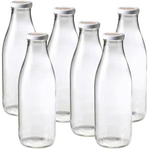 Le Parfait Bottles French Glass Milk Bottle with 48mm Printed Logo Airtight Metal Twist Cap | Used for Smoothie, Water Bottle, Preserved Tomato Sauce & other Soups| 32oz (Pack of 6) 1 Liter(Milk Cap- 1L -32oz(6Pack))
