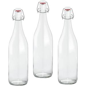 Le Parfait Bottles French Glass Milk Bottle with 48mm Printed Logo Airtight Metal Twist Cap | Used for Smoothie, Water Bottle, Preserved Tomato Sauce & other Soups| 32oz (Pack of 6) 1 Liter(Swing Top- 1L -32oz (3-Pack))