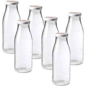 Le Parfait Bottles French Glass Milk Bottle with 48mm Printed Logo Airtight Metal Twist Cap | Used for Smoothie, Water Bottle, Preserved Tomato Sauce & other Soups| 32oz (Pack of 6) 1 Liter(Milk Cap- 500ml -16oz(6Pack))